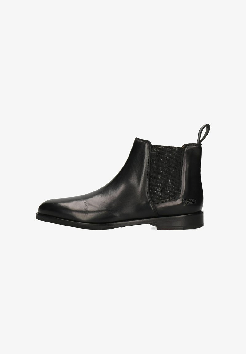 Bottines en cuir noir avec des panneaux élastiques sur les côtés, un bout rond et une languette à l'arrière pour un enfiler facile. Fini lisse avec une semelle plate.