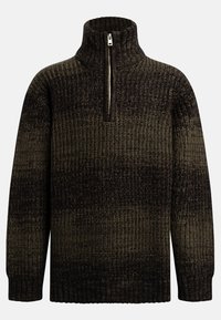 Pull en tricot avec un col montant, une fermeture éclair mi-haute et un motif rayé noir et olive foncé. Texture épaisse et poignets côtelés.
