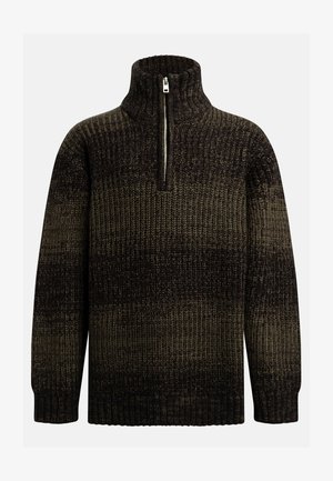 Pletený sveter s vysokým golierom, polozipsovým zapínaním a tmavozeleným a čiernym pruhovaným vzorom. Hrubá štruktúra a rebrované manžety.