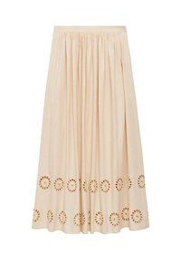Gonna midi beige realizzata in morbido tessuto, caratterizzata da pieghe e motivi a fiori intagliati decorativi lungo l'orlo. Vita elastica per un comfort ottimale.