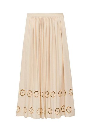 Gonna midi beige realizzata in morbido tessuto, caratterizzata da pieghe e motivi a fiori intagliati decorativi lungo l'orlo. Vita elastica per un comfort ottimale.