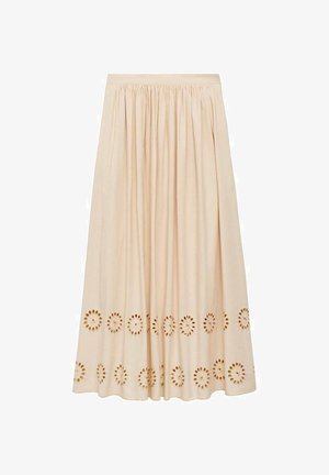 Fustă midi bej confecționată dintr-un material moale, cu plisse și modele decorative de flori decupate de-a lungul tivului. Talie elastică pentru confort.