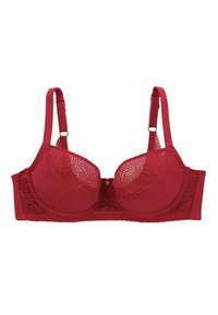 Soutien-gorge en dentelle rouge avec armatures, bonnets rembourrés et bretelles réglables. La dentelle présente un motif de feuilles et des côtés lisses pour un look sans couture.