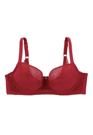 Soutien-gorge en dentelle rouge avec armatures, bonnets rembourrés et bretelles réglables. La dentelle présente un motif de feuilles et des côtés lisses pour un look sans couture.