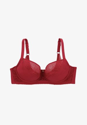 Soutien-gorge en dentelle rouge avec armatures, bonnets rembourrés et bretelles réglables. La dentelle présente un motif de feuilles et des côtés lisses pour un look sans couture.