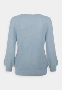 Light blue knitted sweater with a rounded neck, raglan sleeves, and ribbed cuffs and hem. Smooth texture without visible patterns.