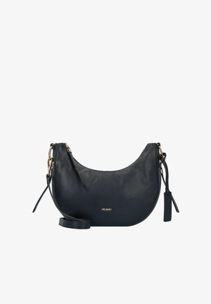 Borsa a tracolla in pelle nera con forma rotonda. Presenta una chiusura con zip, hardware dorato e una tracolla regolabile. Etichetta con il logo attaccata.