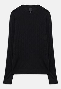 Schwarzer Strickpullover mit Kabelmuster, runder Halslinie und gerippten Bündchen. Weiche Textur und lockere Passform. Lange Ärmel mit seitlichen Schlitzen.
