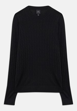 Schwarzer Strickpullover mit Kabelmuster, runder Halslinie und gerippten Bündchen. Weiche Textur und lockere Passform. Lange Ärmel mit seitlichen Schlitzen.