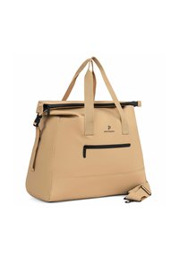 Grande borsa a spalla color sand realizzata in materiale resistente, dotata di chiusura con parte superiore arrotolata, tasca con zip nera e una tracolla rimovibile per un trasporto versatile.
