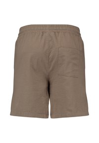 Shorts marron pour hommes avec taille élastique et une seule poche arrière, présentés de dos sur un fond blanc.