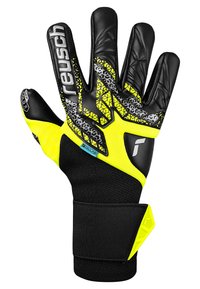 Guanto da portiere con palmo in lattice nero, accenti gialli e grip testurizzato; presenta un dorso in rete e un cinturino regolabile al polso.