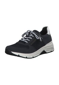 Black mesh athletic shoe with a white sole, silver heel accent, white laces, and a zippered side pocket for added functionality.