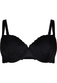 Black lace bra featuring a floral pattern, underwire support, curved cups, adjustable straps, and scalloped edges.