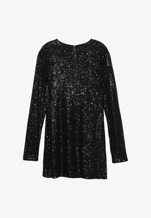 Vestito nero a maniche lunghe con scollo rotondo, completamente ricoperto di paillettes, dotato di chiusura con cerniera sul retro e taglio dritto.