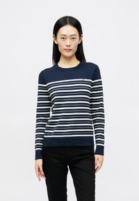 Maglione a righe blu navy con strisce bianche orizzontali, colletto a girocollo a coste e maniche lunghe, realizzato in morbido tessuto misto cotone.