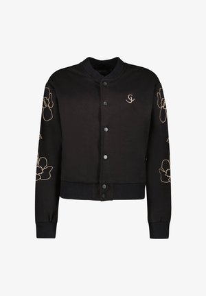 Black cardigan with ribbed cuffs and hem, featuring large floral embroidery in light beige on the sleeves and a logo on the chest.
