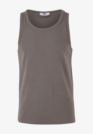 Gray ribbed tank top with a round neckline and wide armholes. Made of stretchy fabric, it features a regular fit and minimal design.