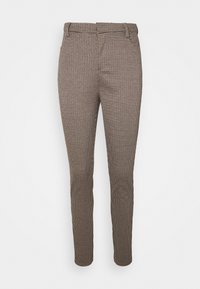 Bruine houndstooth-gepatroneerde broeken met een slim fit, gemaakt van een gestructureerde stof, voorzien van riemlussen en zijzakken.