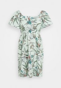 Vestido com padrão floral, decote quadrado, mangas bufantes e cintura elástica. Apresenta tons de verde e intrincados padrões de folhas e flores.