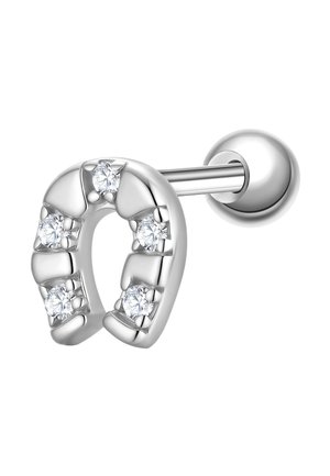 Zilverkleurige paardenhoefvormige oorsteker met vijf ingebedde ronde, heldere edelstenen op een rechte pen met ronde achterkant.