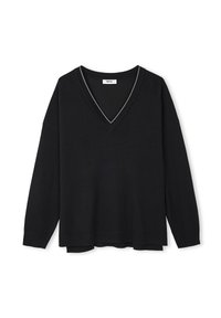 Pull noir à col en V avec des manches longues, texture côtelée et un bord blanc contrastant le long de l'encolure. Design loose-fit avec un ourlet droit.
