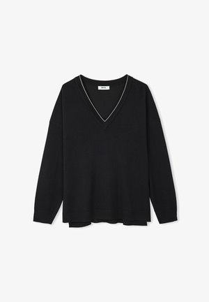 Black, V-neck sweater featuring long sleeves, ribbed texture, and a contrasting white trim along the neckline. Loose-fit design with a straight hem.
