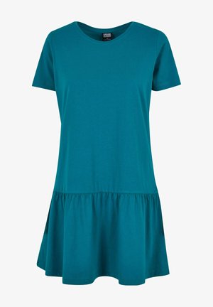 Türkises Baumwoll-T-Shirt-Kleid mit kurzen Ärmeln, runder Halslinie und ausgestellt geschnittenem Saum. Verfügt über ein gerafftes, gestuftes Design. Glatte Textur.