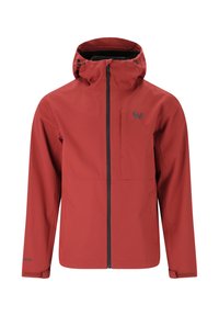 Röd vattentät jacka med huva, framdragkedja, justerbara ärmslut och liten svart logotyp på bröstet.