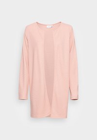 Ljusrosa öppen långärmad cardigan med subtil horisontell ribbstruktur och rund halsringning.