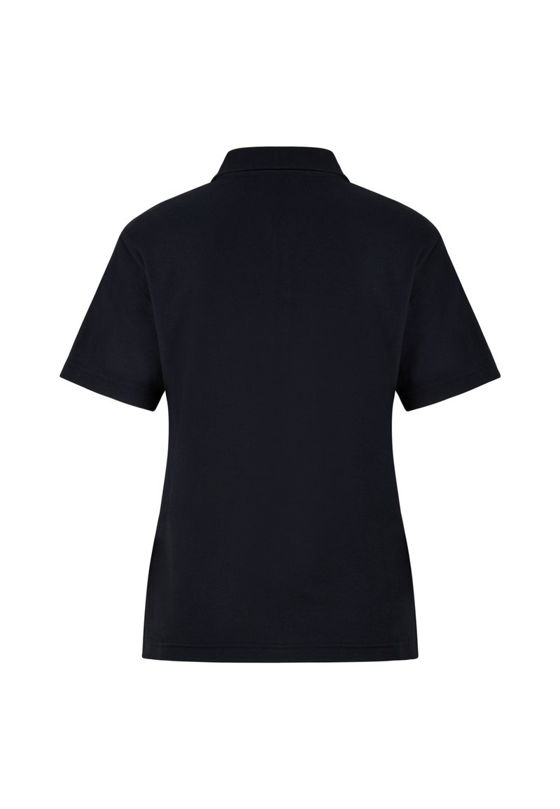 Schwarzes Poloshirt mit kurzen Ärmeln und klassischem Kragen. Glatte Textur, schlichtes Design, geeignet für legere oder semi-formelle Anlässe.