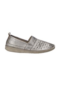 Metallic silver slip-on shoe with perforated design, textured upper, and beige rubber sole. Features a pull tab for easy wear.