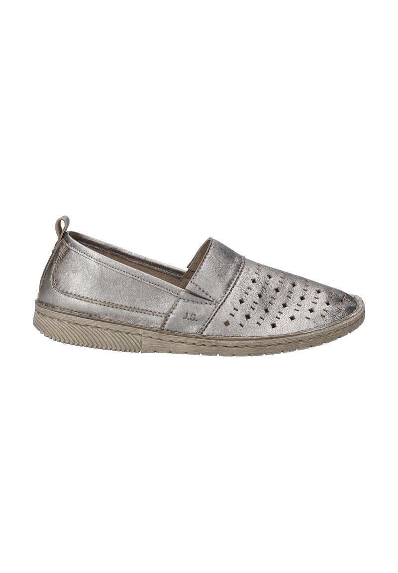 Metallic silver slip-on shoe with perforated design, textured upper, and beige rubber sole. Features a pull tab for easy wear.