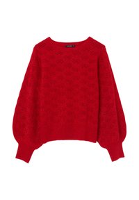 Maglione rosso lavorato a maglia con una texture leggera, caratterizzato da un motivo a chevron, maniche ampie e scollatura rotonda.