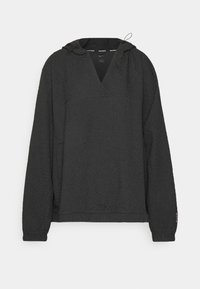 Zwarte pullover hoodie van gestructureerde stof met een V-hals ontwerp, lange mouwen en een verstelbare trekkoord in de capuchon.