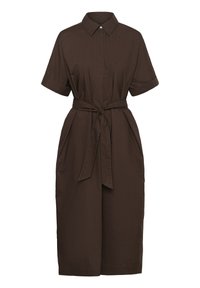 Dunkelbraunes Hemdkleid mit kurzen Ärmeln, Kragen, Knopfleiste vorne und Bindegürtel in der Taille, knielang mit geradem Schnitt.
