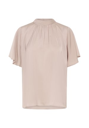 Blusa de manga corta y cuello alto en suave tela rosa. Presenta sutiles pliegues en el escote y una textura suave y ligera.