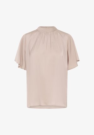 Kurzärmelige Bluse mit hohem Kragen aus weichem pinken Stoff. Verfügt über subtile Falten am Ausschnitt und eine glatte, leichte Textur.