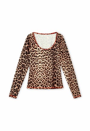 Long-sleeve top with leopard print pattern and scoop neckline, featuring brown, black, and beige spots with red stitching accents.