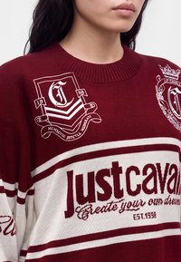 Personne portant un pull bordeaux et blanc avec le logo Just Cavalli et des écussons brodés sur la poitrine et les manches.
