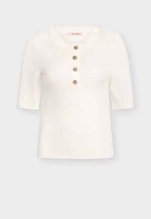 Top a maniche corte bianco in maglia a coste con scollo rotondo e cinque bottoni decorativi al centro. Tessuto liscio, design aderente.