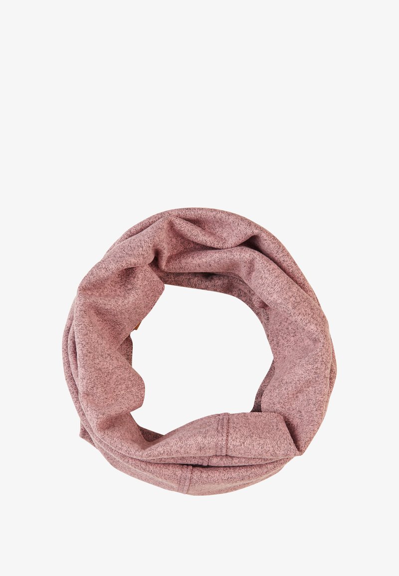 Pink loop scarf made of soft, textured fabric. Features a continuous design with subtle variations in color and a seamless finish.