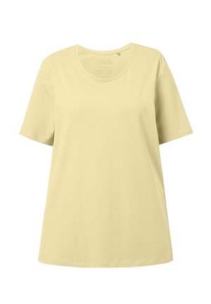 Bawełniany T-shirt z krótkim rękawem w jasnożółtym kolorze, z okrągłym dekoltem i luźnym krojem, przedstawiony na jednolitym białym tle.