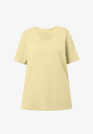 Kurzärmliges, hellgelbes Baumwoll-T-Shirt mit Rundhalsausschnitt und legerer Passform, dargestellt vor weißem Hintergrund.