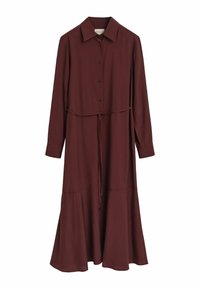 Burgunderfarbenes Hemdkleid aus leichtem Stoff, mit durchgehender Knopfleiste, langen Ärmeln und einem Taillengürtel sowie einem ausgestellten Saum.