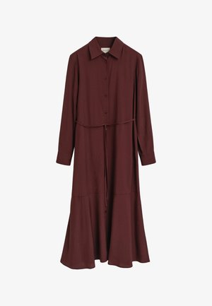 Burgunderfarbenes Hemdkleid aus leichtem Stoff, mit durchgehender Knopfleiste, langen Ärmeln und einem Taillengürtel sowie einem ausgestellten Saum.
