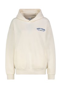 Cream-colored hoodie with a front kangaroo pocket, featuring embroidered blue text that reads “SUMMER & SUNSHINE That's what I love!”
