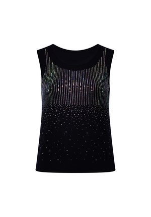 Black sleeveless top with round neckline decorated with vertical and scattered small shiny rhinestones.