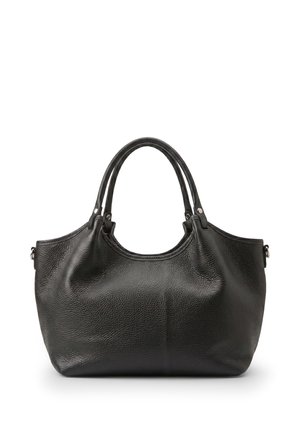 Borsa a mano in pelle nera strutturata con doppi manici e una forma leggermente molle, mostrata su sfondo bianco.