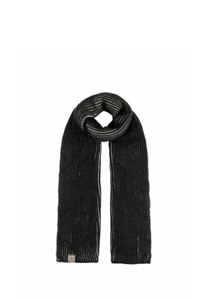 Dark gray ribbed knit scarf with subtle lighter gray stripes and a small fabric tag at one end.